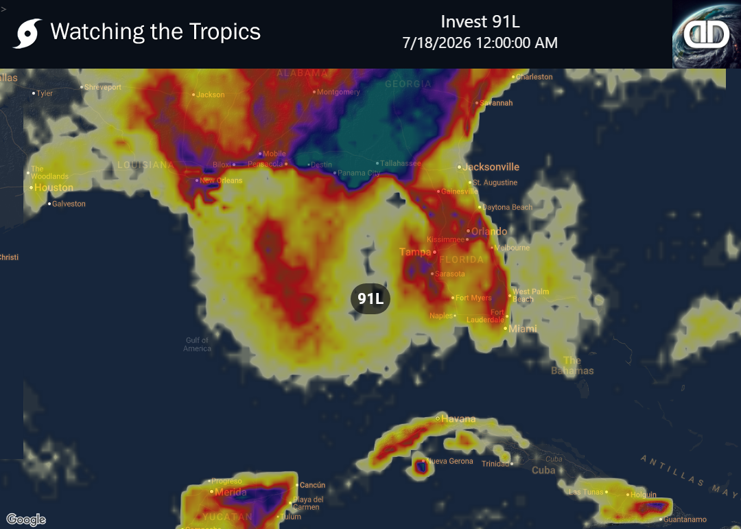 Storm Invest 91L Thunderstorm Probability