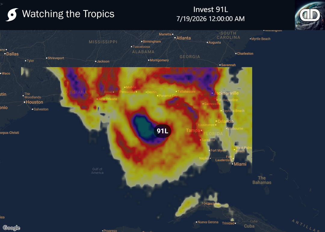 Storm Invest 91L Thunderstorm Probability