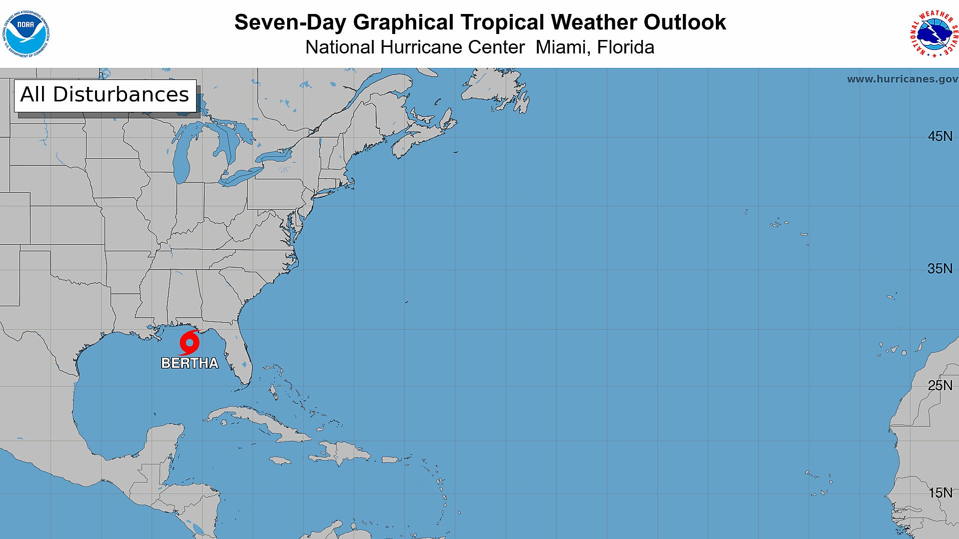 National Hurricane Center tracking Tropical Storm Bertha, 3 tropical waves Image