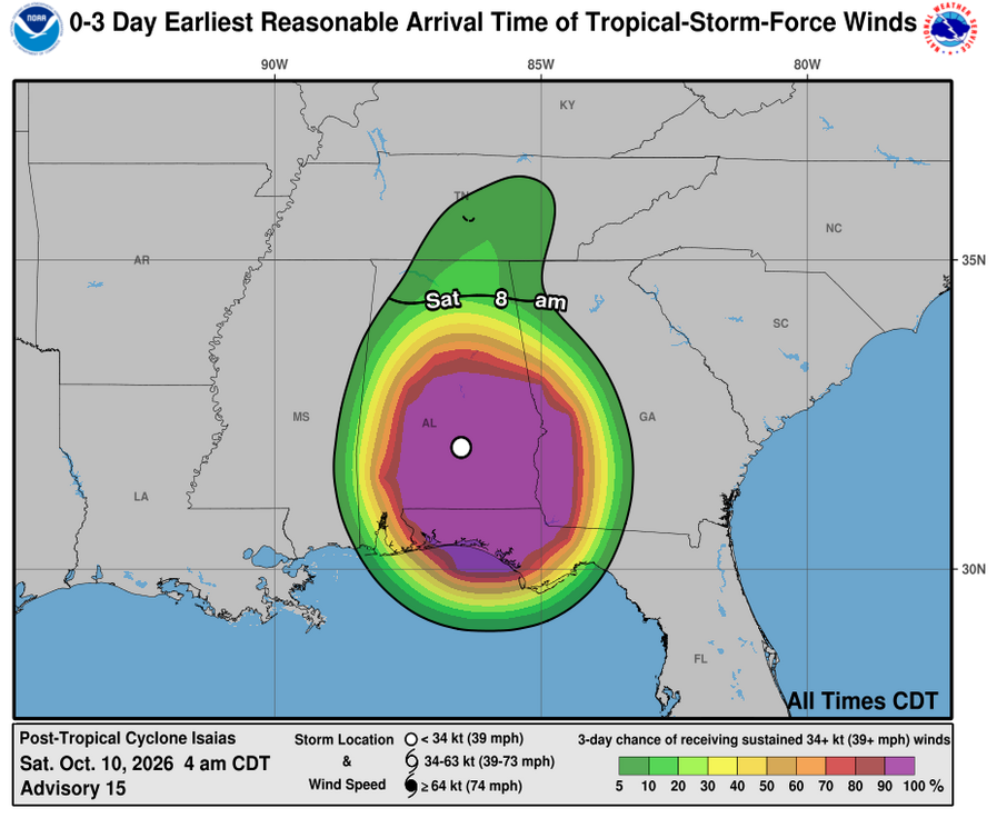 Post-Tropical Cyclone Isaias - 3 Day Tropical Storm Winds