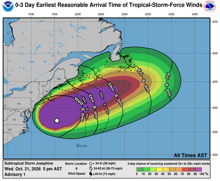 Subtropical Storm Josephine - 3 Day Tropical Storm Winds