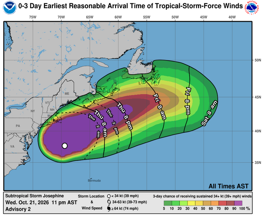 Subtropical Storm Josephine - 3 Day Tropical Storm Winds