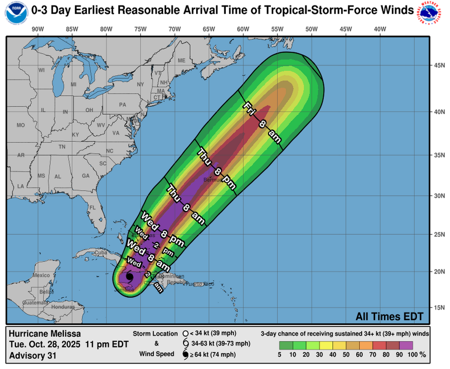 Hurricane Melissa - 3 Day Tropical Storm Winds Hurricane Melissa - 3 Day Tropical Storm Winds